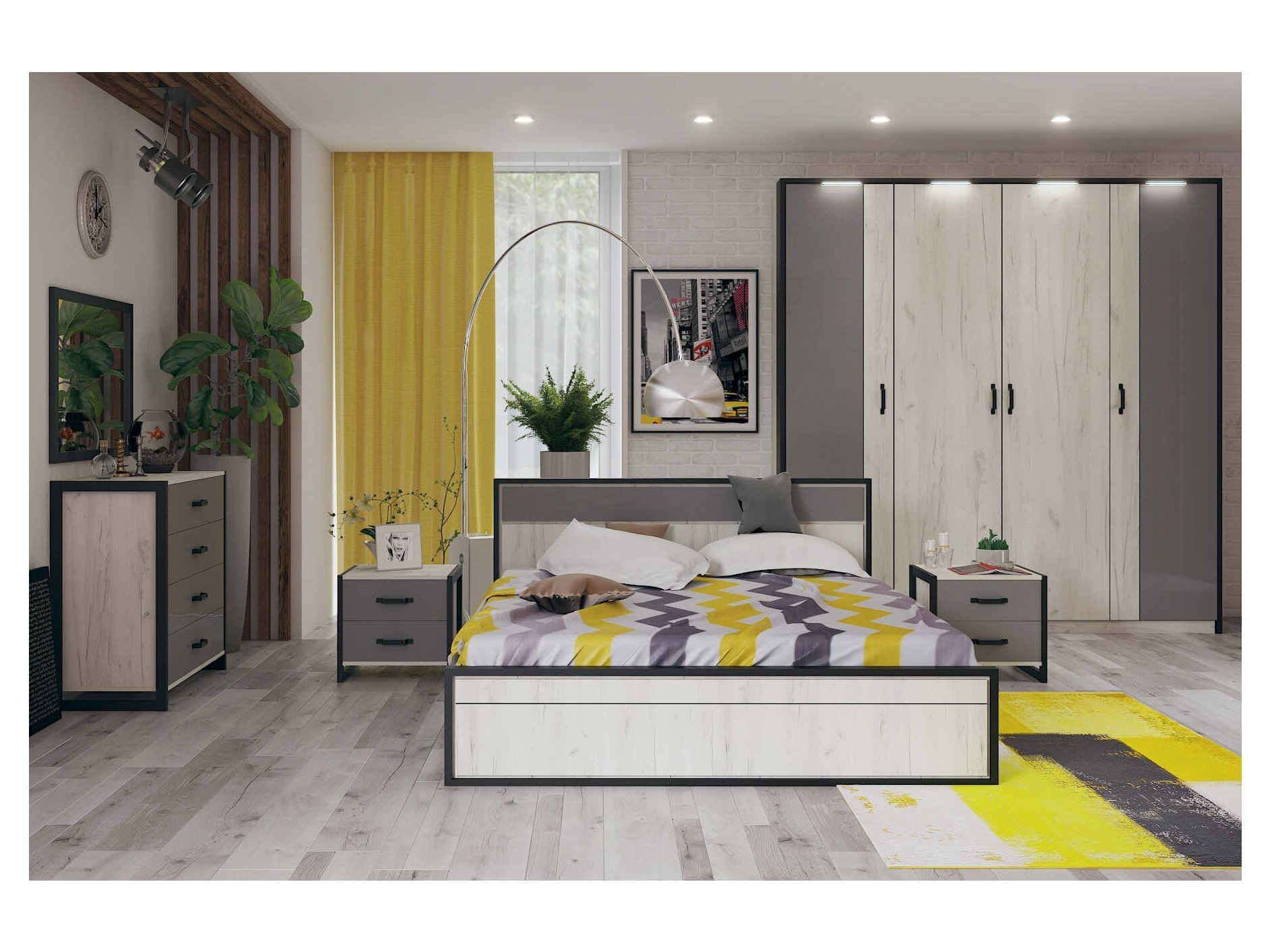 Любимый Дом Техно Спальный гарнитур №1 (Дуб крафт белый/Серый шифер)