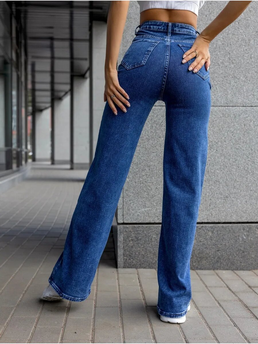 Джинсы широкие прямые стрейч с высокой посадкой трубы