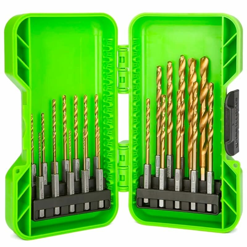Набор сверл HSS-TiN 1,5-8,0 мм с шестигранным хвостовиком в кейсе Greenworks, 22 шт.