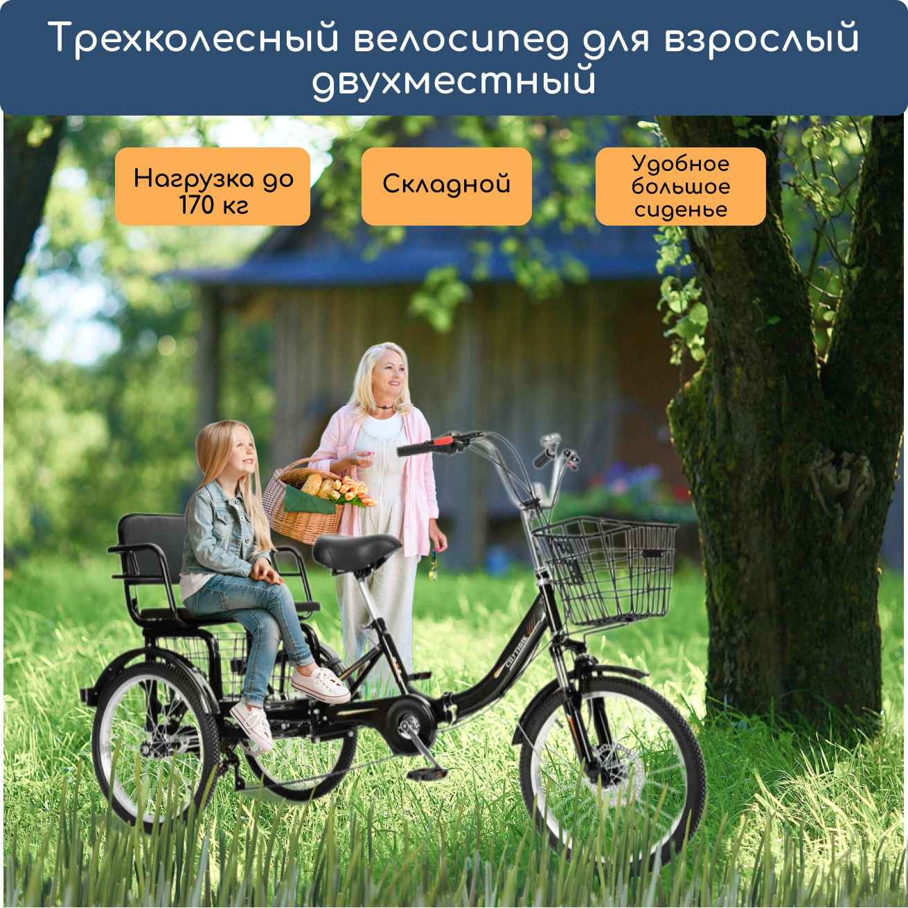 Двухместный трехколесный велосипед для взрослых РВЗ Спутник 20, черный