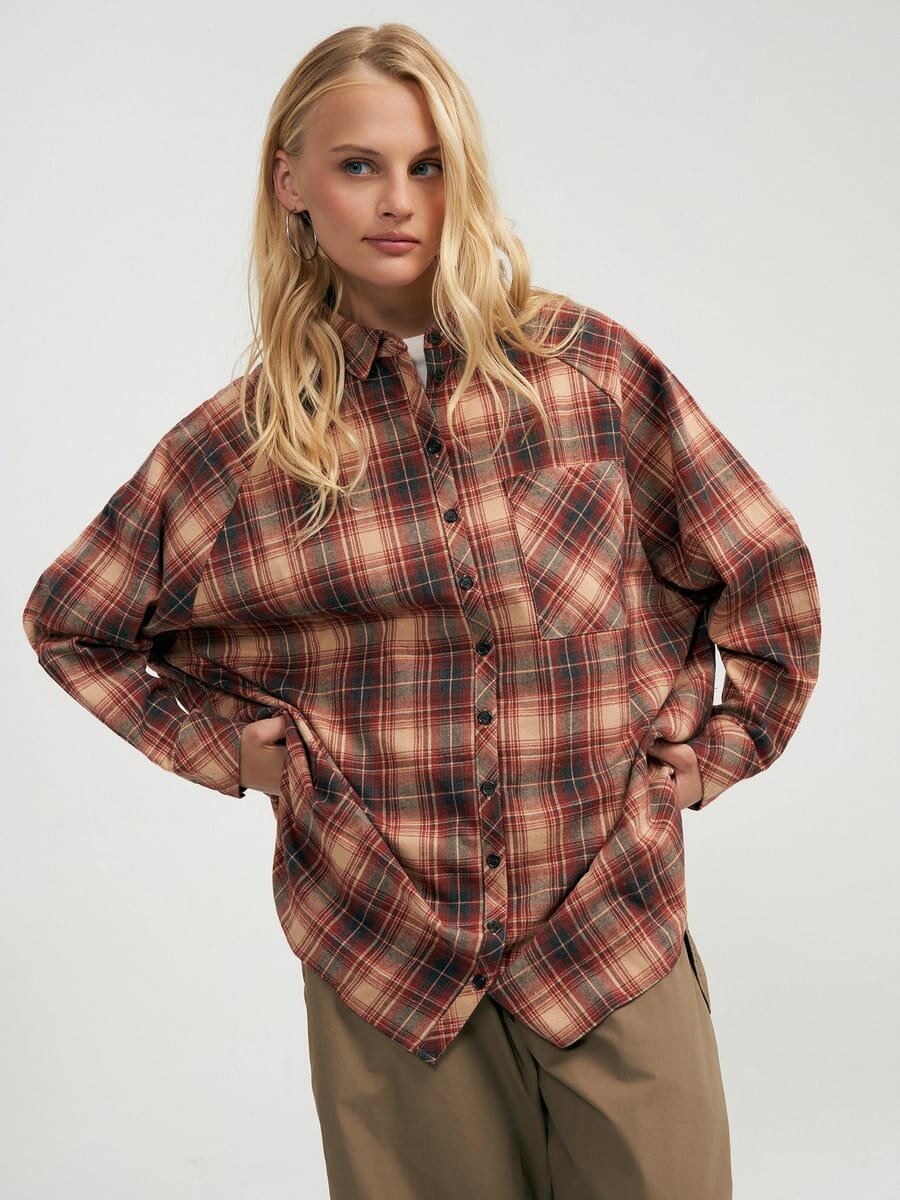 Теплая байковая рубашка оверсайз в клетку твое, арт. B1107, коричневый, XS