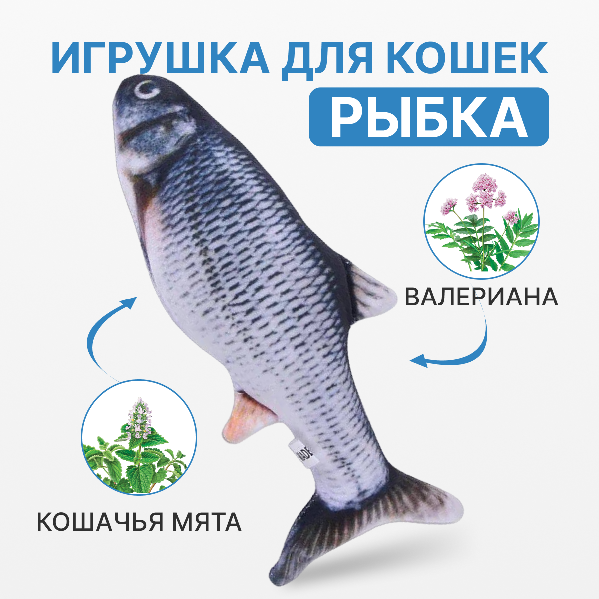 Игрушка для кошек Рыба с мятой и валерианой, серая