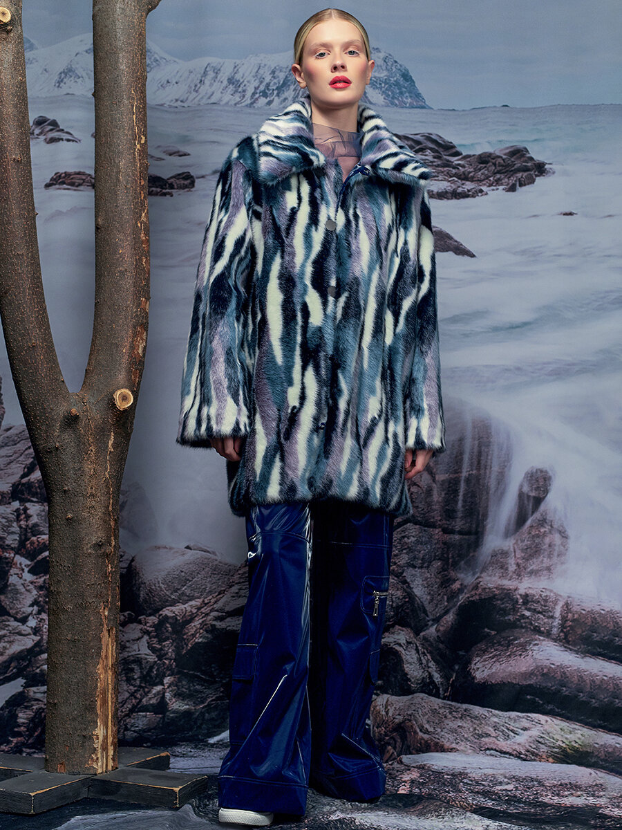 ALZA Эко шуба под норку искусственная женская зимняя двусторонняя дубленка синяя 40 42 44