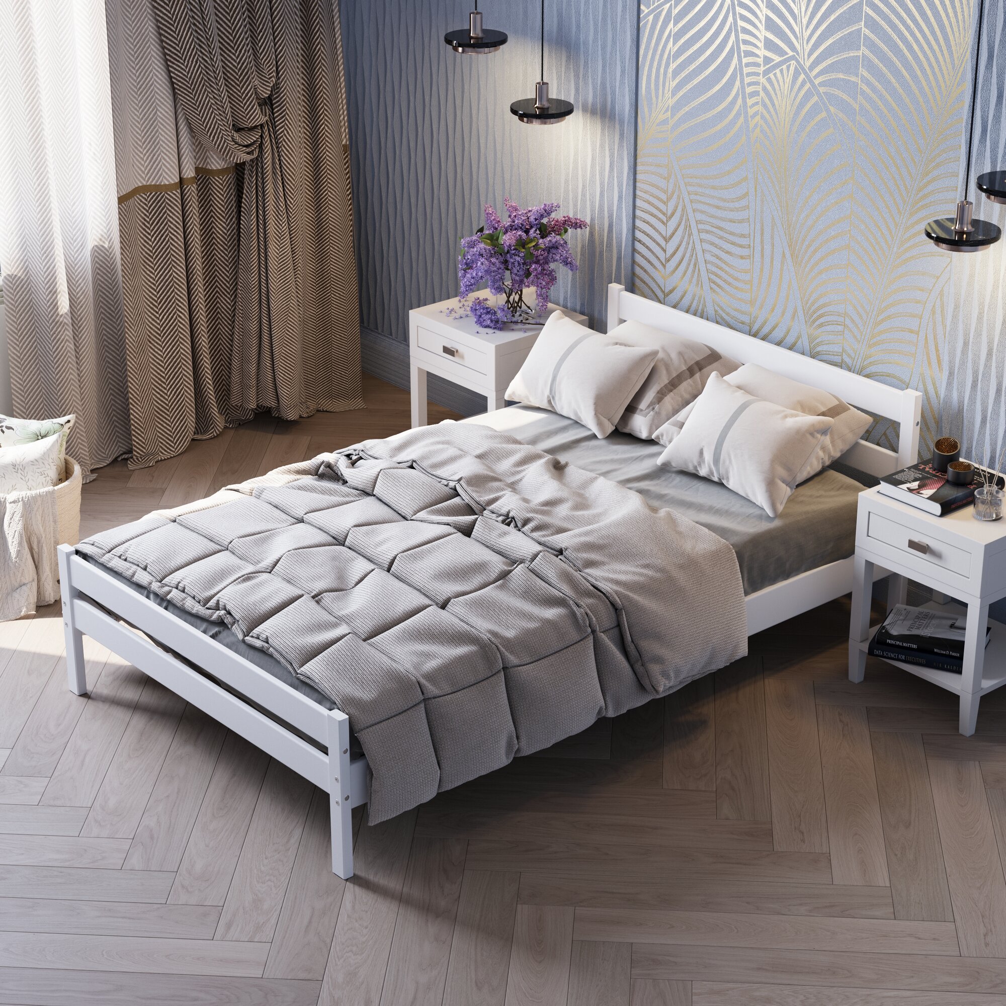 Alatoys Кровать двуспальная деревянная из массива березы 120х200 см белая