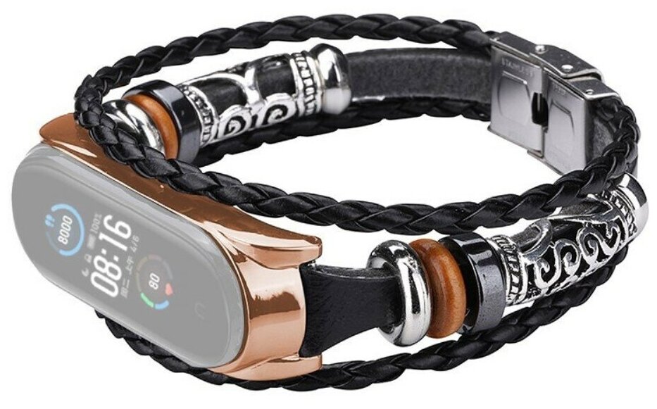 Сменный ремешок для фитнес-браслета Xiaomi Mi Band 5 в стиле ретро, этнический - черная кожа, черный