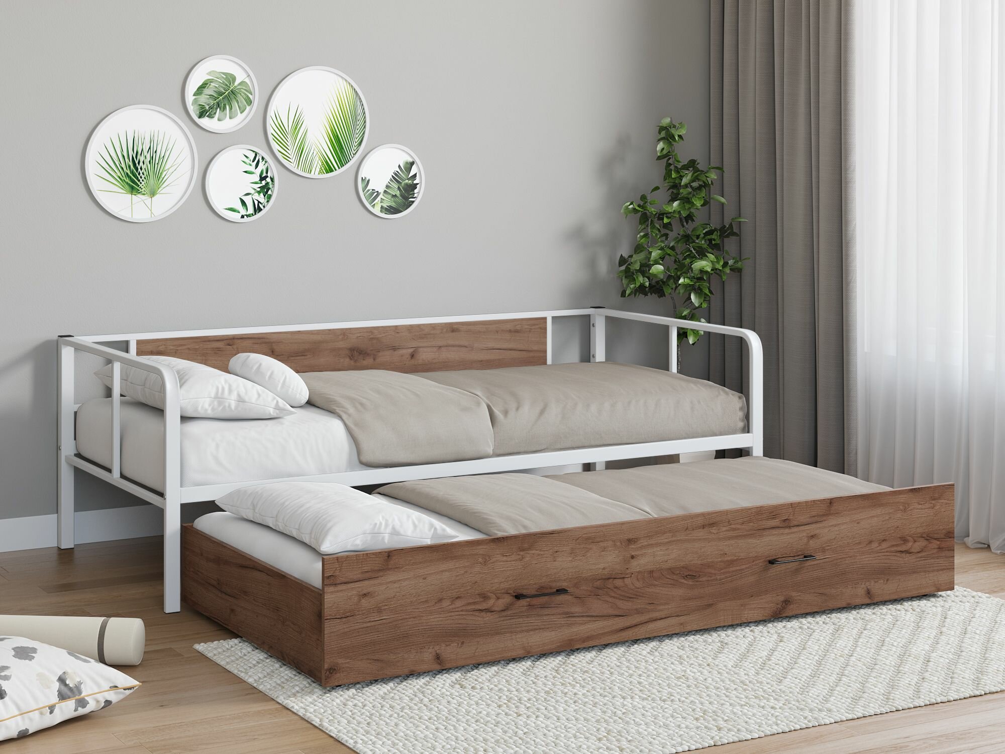 Односпальная кровать Арга Лофт выкатная Слоновая кость/Дуб молочный