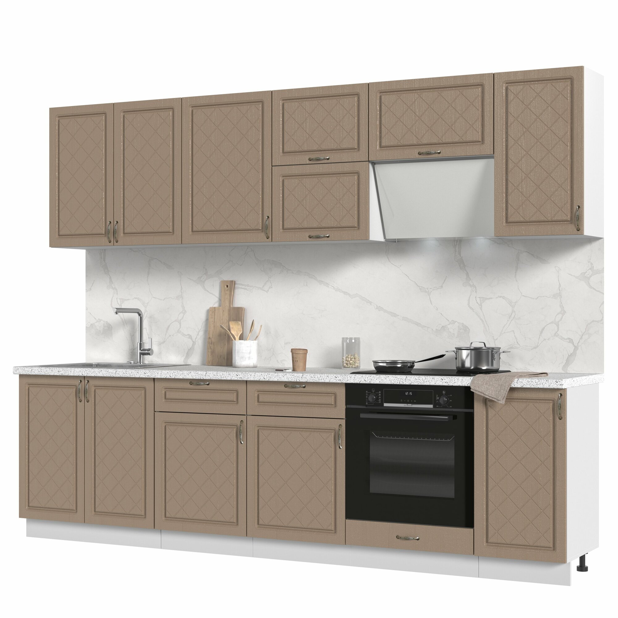 Кухонный гарнитур, столешница Тростник 38мм, Кухня Модена 280см Белый/Дуб Бирюзовый